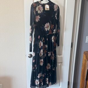 Long Sleeve Floral Tiered Maxi Dress - Black/navy blue ish maxi dress.